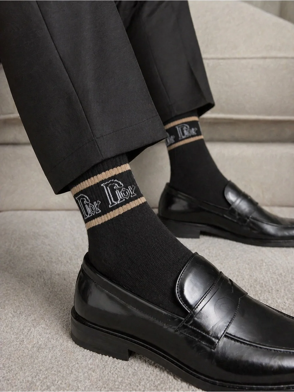 Dior Black Crew Socks with Tan Logo Bands